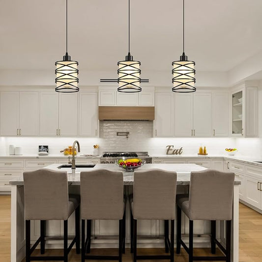 3 Pack Pendant Light Kitchen Island Pendant Lighting, Hanging Light with Spiral Cage Frosted Glass Shade, Black Modern Indoor Hanging Lamp