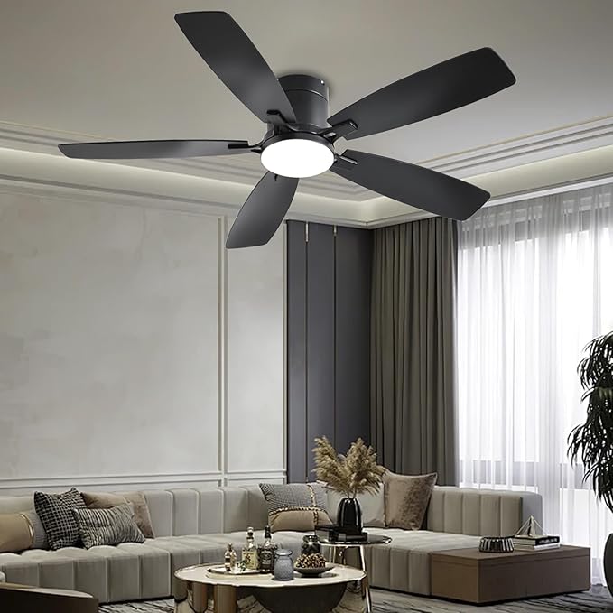 Ayaoty Ceiling Fans with Lights, 52 inch Low Profile Ceiling Fan with Light and Remote Control, Flush Mount, Reversible Motor, Dimmable, Noiseless, Black Ceiling Fan for Bedroom, Indoor/Outdoor Use
