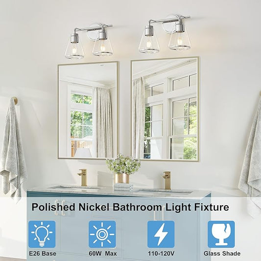 Bathroom Light Fixtures Over Mirror Polished Nickel Vanity Light 2-Lights Bathroom Vanity Lights with Clear Glass Shade 14 inch Vanity Lighting Fixtures Modern Wall Sconces Bath Light