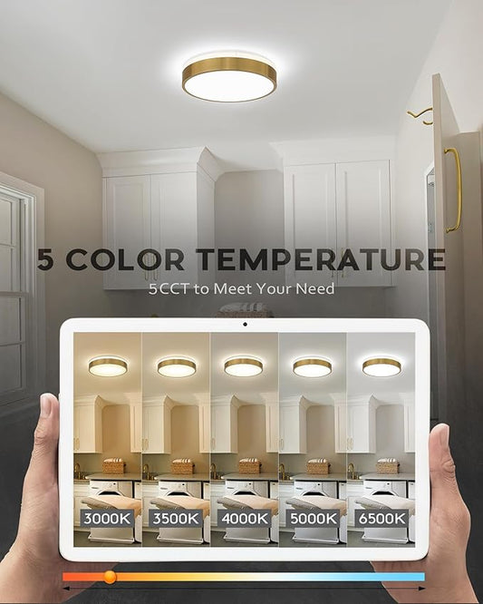 Ken & Ricky Led Brushed Gold Flush Mount Ceiling Light,Dimmable Close to Ceiling Light Fixtures for Kitchen Bathroom Bedroom Hallway 12 Inch 5cct 24w Round KR3354-2PK