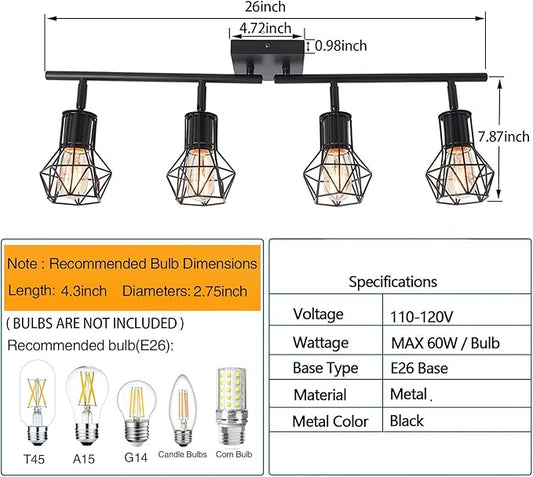 Track Lighting Fixtures Ceiling,Industrial Black Kitchen Track Lighting for Kitchen, Living Room, Dining Room, Hallway(E26