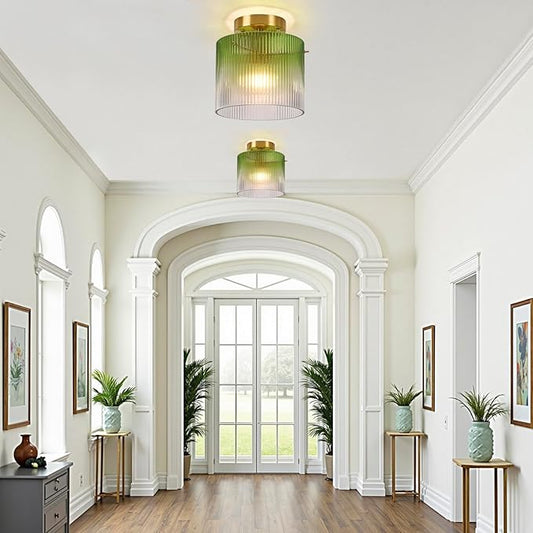 Modern Semi Flush Mount Ceiling Light, Vintage Gradient Green Glass Ceiling Light Fixture, for Closet Dining Room Kitchen Bedroom Entryway Hallway Hanging Lamp