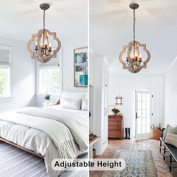 16" Oak Farmhouse Chandeliers for Dining Room Distressed Wood Pendant Light Fixture 4-Light Rustic Ceiling Hanging Light over Table for Kitchen Island Bedroom Entryway Foyer Dimmable & Ajustable Heigh