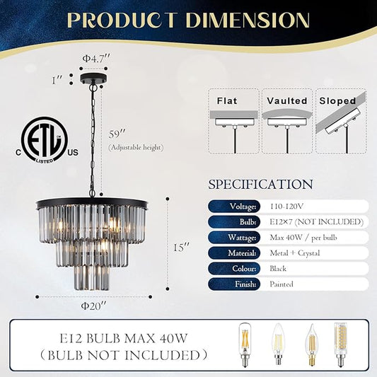 Smoke Gray Crystal Chandeliers Black Round 20" Chandelier Modern 3 Tiers 7-Light Ceiling Pendant Light Fixture Luxury K9 Crystal Lighting for Dining Room Bedroom Kitchen Foyer