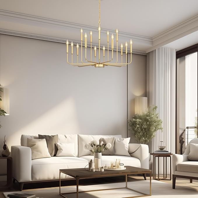Gold Chandeliers for Dining Room Light Fixture Over Table, Modern Farmhouse Chandeliers for Living Room,15-Lights Industrial Metal Candle Lighting Fixtures for Entryway Kitchen Island Foyer