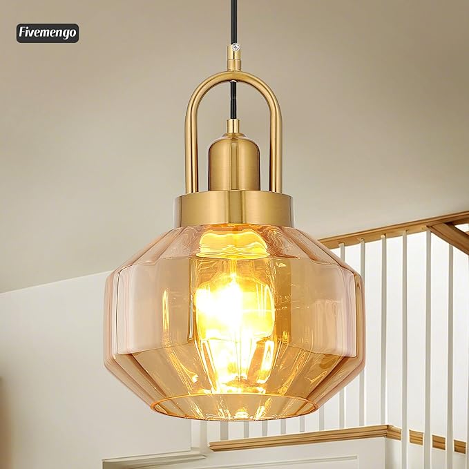 9in Mid Century Modern Amber Glass Pendant Light Fixture Small Gold Globe Kitchen Island Pendant Light with Hand Blown Glass Ceiling Hanging Lamp for Foyer Dining Room Bedroom Entryway