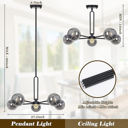 5-Light Globe Chandelier Pendant Lighting - Modern Large Semi-Flush Ceiling Light Fixture with Smoked Glass, Black Dining Room Light Fixture, Sputnik Light Fixture for Kitchen Living Room Bedroom
