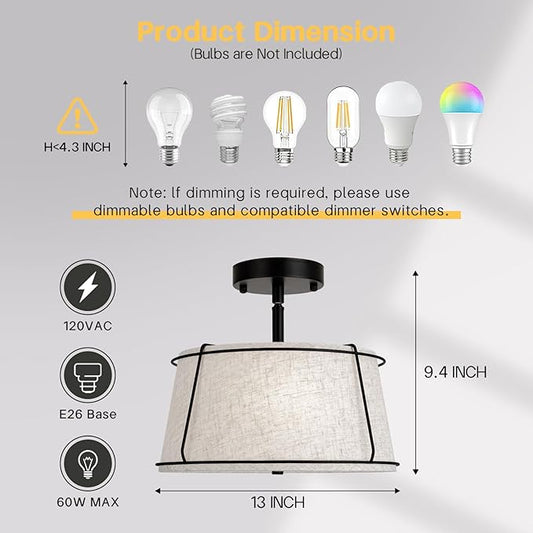 13'' Semi Flush Mount Ceiling Light Fixture,3-Light Black Light Fixtures Ceiling Mount with Linen Drum Fabric Shade,Modern Close to Ceiling Lamp for Bedroom Dining Room Kitchen Hallway (Adjustable)