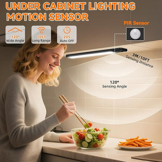Under Cabinet Lighting Wireless, 15inch Rechargeable Motion Sensor Light Indoor, 3 Color Closet Light Battery Operated with LED Power Display, Magnetic Under Counter Lights for Kitchen (3Pack-Black)