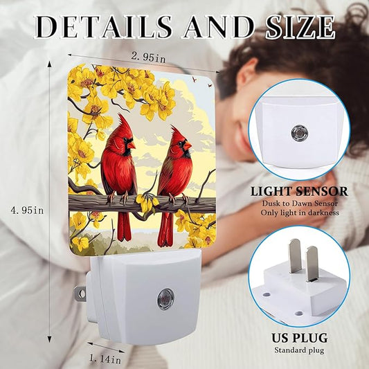 Red Cardinal Night Light, Plug-into Wall Yellow Flower Bird on Branch Nightlight Lamp with Dusk to Dawn Sensor, Led Lamp 0.5W Energy Efficient for Boys Girls Adults Home Decor