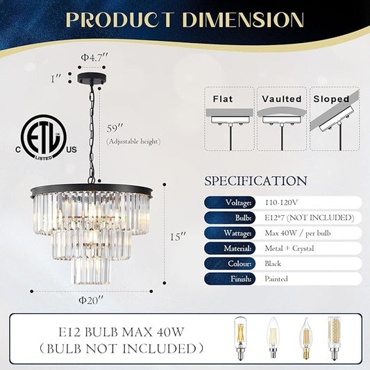 Crystal Chandeliers Black Modern Round 20" Chandelier 7 Lights 3-Tier Ceiling Pendant Light Fixture Luxury K9 Crystal Lighting for Living Room Dining Room Bedroom Kitchen Foyer