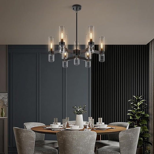 9 Light Black Chandelier, Modern Farmhouse Chandeliers for Dining Room Light Fixtures Over Table, Kitchen Island Lighting Fixture with Clear Glass Cover for Living Room Kitchen Island Bedroom Foyer