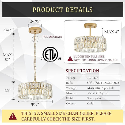CATINER Small Gold Crystal Chandeliers, Modern Semi Flush Mount Chandelier 4-Light Drum Crystal Ceiling Pendant Light Fixture 12” for Foyer Entryway Kitchen Hallway Dining Room