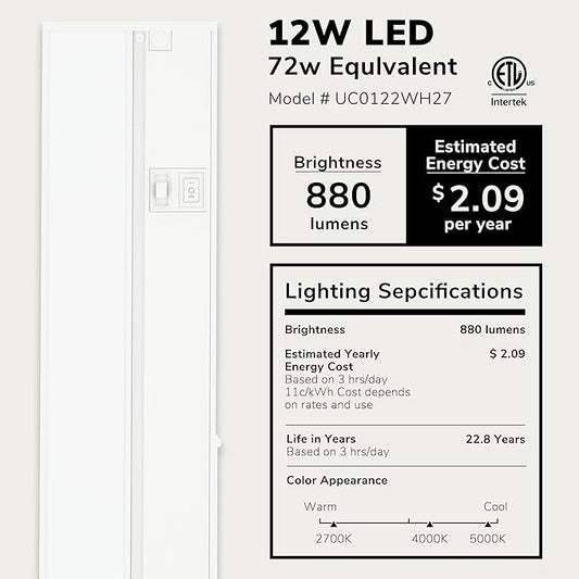 LAGOM Halo Under Cabinet Light, 22‑Inch Hardwired Dimmable LED, 2700K/4000K/5000K, Power Cord Sold Separately, White, UC0122WH27