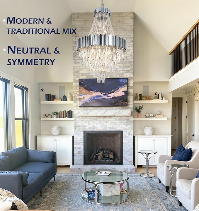 Large Crystal Chandelier for High Ceilings Foyer Entryway Hanging Chandelier Lighting Chrome 30'' Tall
