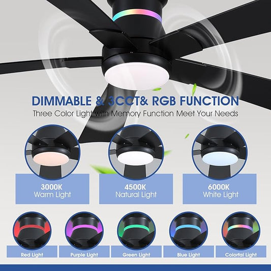 Surtime 52" Black Ceiling Fans with RGB Lights - Flush Mount Ceiling Fan Light with LED 3CCT Dimmable, Modern Low Profile Ceiling Fans for Indoor Party,Covered Outdoor