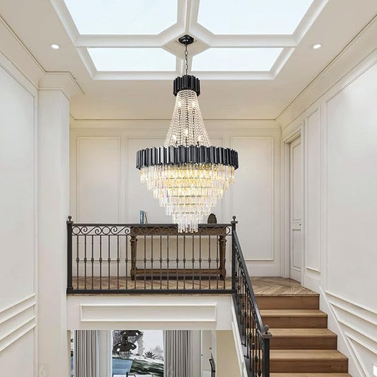 54" Black Large Chandeliers for High Ceilings, 21-Light Modern Crystal Chandelier for High Ceiling Staircase, Foyer, Entryway, Living Room, Hallway, Luxury K9 Crystal Tiered Chandelier Light Fixture