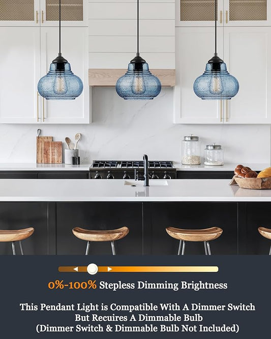 ELYONA 2 Pack Bubble Glass Pendant Lights 8 inch Modern Blue Hand Blown Globe Glass Pendant Lighting Hanging Light fixtures for Kitchen Island Dining Room Bar Bedroom Living Room