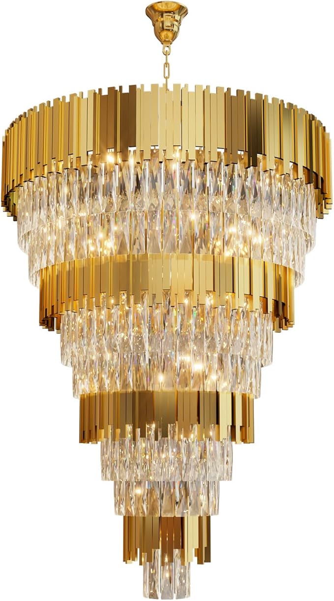 11-Tier K9 Crystal Chandelier, 32" Modern Gold Adjustable Height Pendant Light, Luxury Round Chandeliers for High Ceiling, Foyer, Staircase, Entryway, Two-Story Living Room