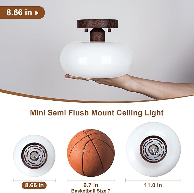 WOKNOS Mid-Century Modern Semi Flush Mount Ceiling Light, Faux Walnut Wood Kitchen Light Fixtures with Glass Shade, Mini White Close to Ceiling Lamp for Entryway Hallway Bathroom (8.66 Inch)