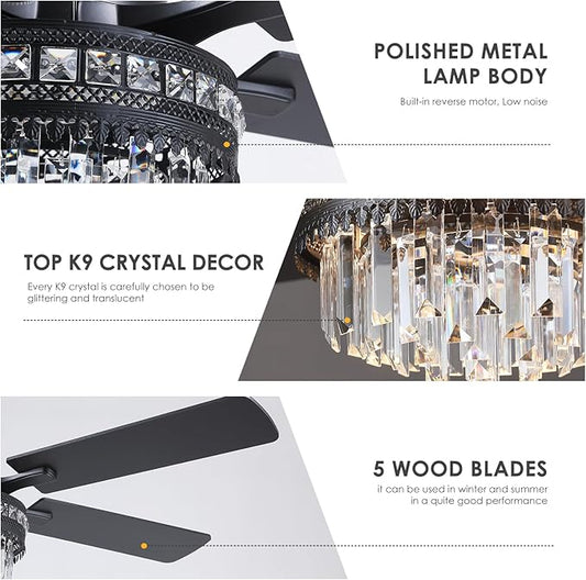 Asyko Crystal Ceiling Fan Fandelier with Lights - 46" Outdoor Fans with Remote Control,Crystal Ceiling Fans Noiseless DC Motor, Retro/Farmhouse Lighting, Dining Room,Living Room