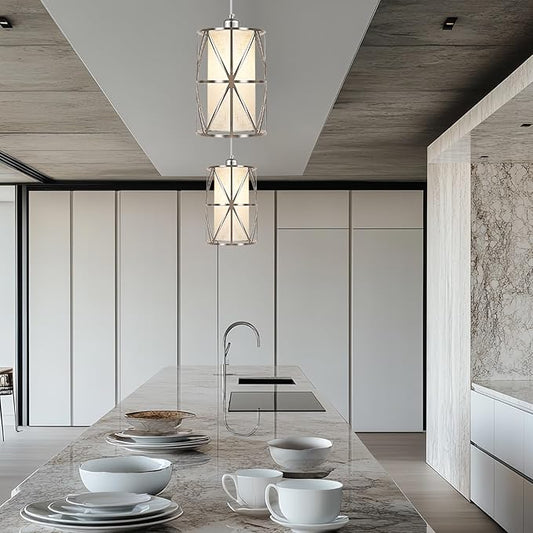 Modern Pendant Lights Kitchen Island - Adjustable Height Brushed Nickel Kitchen Pendant Lights with Linen Shade, UL Certified Pendant Lighting for Dining Room, Entryway