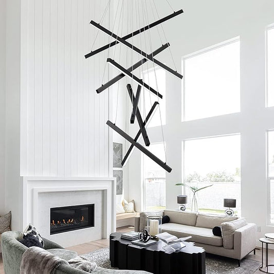 Modern Led Chandelier, High Ceiling Chandelier, Linear Chandelier 8 Lights Black Dimmable Large Pendant Light 98.4" for Living Room Staircase Entry Foyer Lobby Office Duplex 6000K Cool White