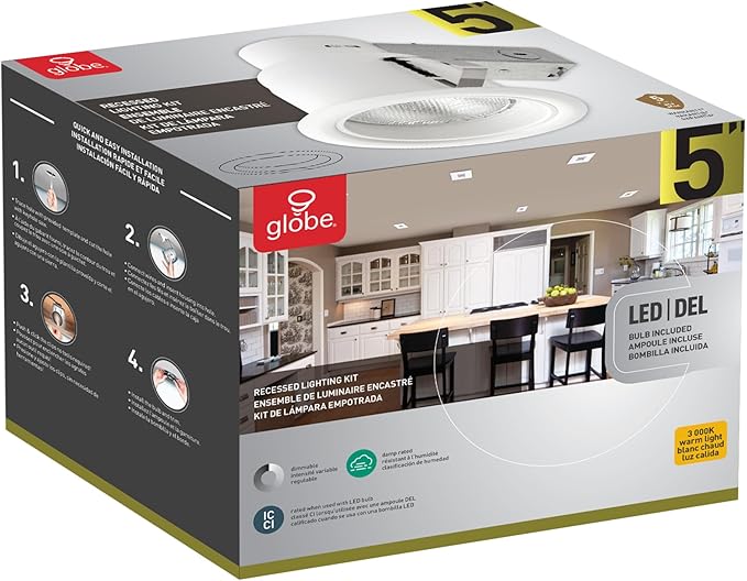 Globe Electric 90671 5" Rust Proof Indoor/Outdoor Ridged Baffle Round Trim Recessed Lighting Kit, White, Easy Install Push-N-Click Clips, 4.5" Hole Size, Dimmable, Porch Light, Bulb Not Included