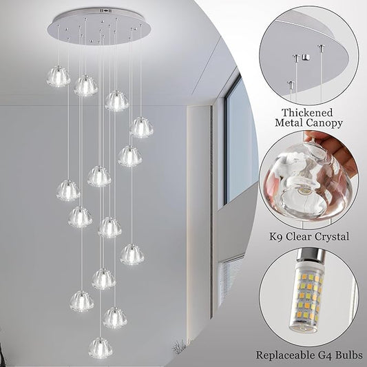 Modern Crystal Chandelier 14-Lights High Ceiling Raindrop Chandelier Lighting Fixture, Large LED Round Indoor Lighting Fixture Chrome for Foyer Staircase Living Room