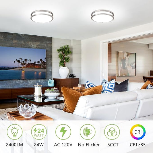 10 Inch Flush Mount Ceiling Light - 4 Pack 24W 3000K/3500K/4000K/5000K/6000K Dimmable Led Light Fixture for Kitchen Hallway Bedroom Bathroom(4, Brushed Nickel, 10 Inch)