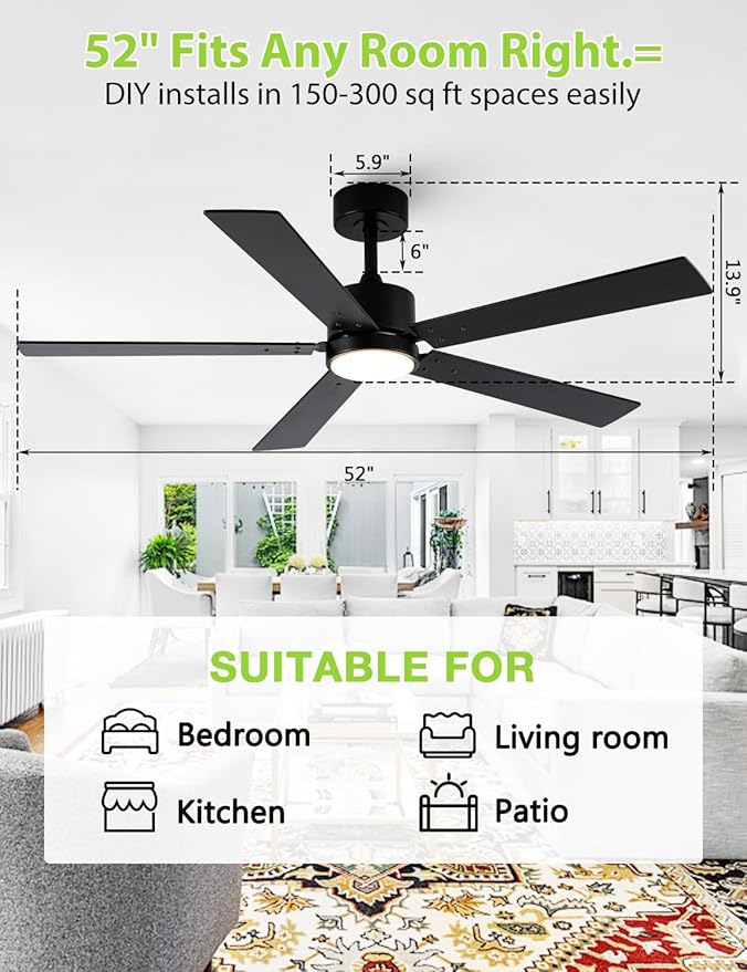 Black Ceiling Fans with Lights, 52 Inch Modern Ceiling Fan with Remote Outdoor Ceiling Fan for Bedroom, Living Room,High CFM Ceiling Fans with 3CCT LED Lights Kit, Quiet DC Motor, Timer