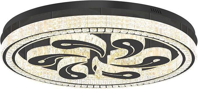 Modern Crystal Chandeliers for Dining Room Flush Mount Ceiling Chandelier for Living Room Dining Room Ring LED Crystal Ceiling Light (Round,40in Black,Dimmable 2700K-6500K)