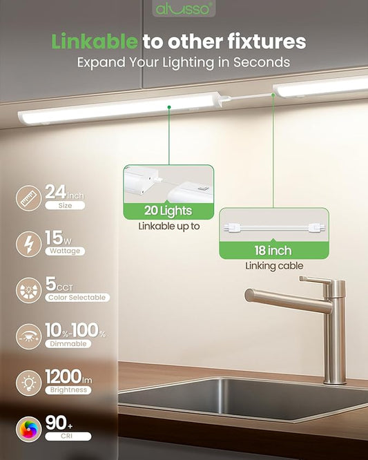 ALUSSO 24 Inch LED Under Cabinet Lighting Plug in 120V, 5CCT Color Selectable 2700K-5000K Dimmable 15W 1200LM High Brightness, CRI 90+ Strip Linkable Under Counter Lights for Kitchen Sink, 1 Pack