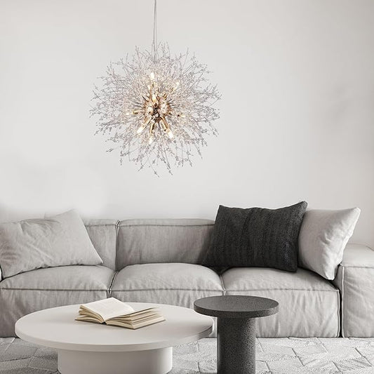 9-Light Gold Crystal Chandeliers, Modern Dandelion Hanging Light, Small Round Lamp, Sputnik Beaded Pendant Lights for Farmhouse Bedroom Dining Room Living Room Kitchen Island (Gold, D19.6inch)