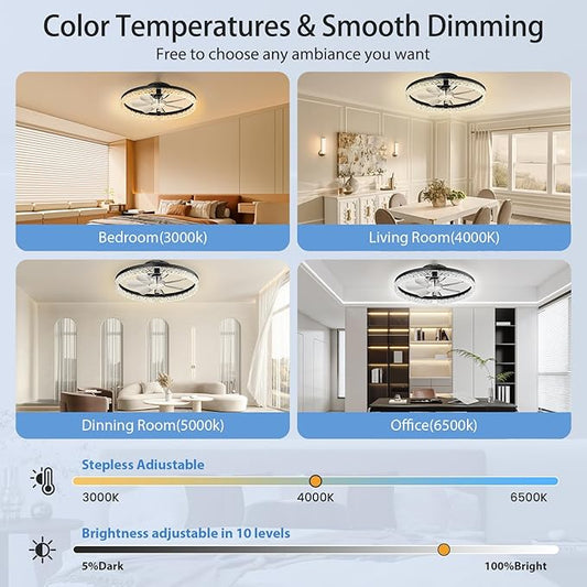 StarryEver LED Ceiling Fans with Lights and Remote, 18 inch Modern Smart Ceiling Fan, 6 Speeds and 3000K-6500K Stepless Dimmable Quiet Fan Lights Ceiling for Bedroom, Living Room, Dining Room, Black