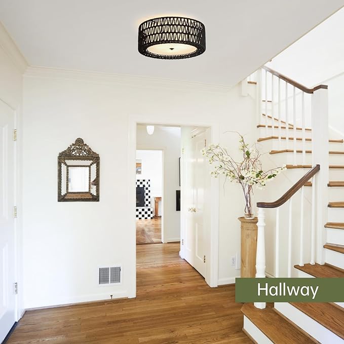 Boho Flush Mount Ceiling Light, 3-Light Rattan Light Fixture Bedroom Light Fixtures 15.7" Modern Black Ceiling Light for Nursery Hallway Entryway Kitchen Dining Room