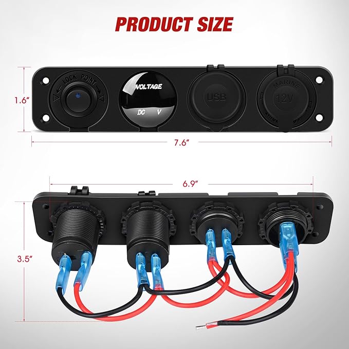 Nilight 4 in 1 Outlet Socket Panel 12V DC 4.8A Dual USB 12 Volt Cigarette Lighter LED Voltmeter ON Off Rocker Toggle Switch for Marine Boat Truck Car