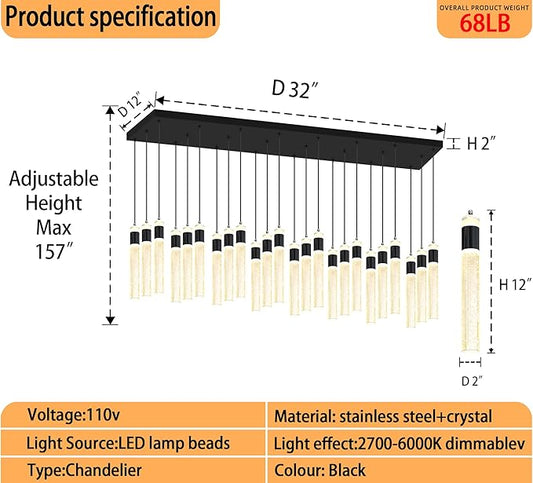 Glam Rectangular Crystal Column Chandelier for High Ceiling 24-Lights Black LED Dimmable Long Crystal Chandelier for Foyer Living Room Adjustable Height