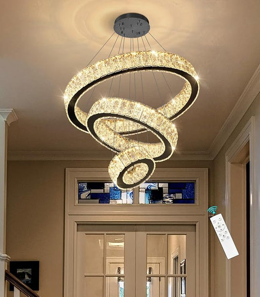 Modern Crystal Chandelier 36W Dimmable LED Ceiling Light Fixture with Remote Luxury Adjustable Pendant Light for Living Room Dining Room Black