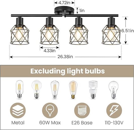 4-Lights Kitchen Track Lighting, Adjustable Multi-Directional Ceiling Light Fixtures, Rotatable Farmhouse Light Fixtures Mount with Metal Cage for Dining Room, Living Room, Bedroom, E26 Base