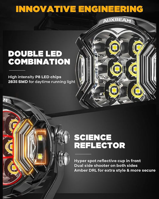 Auxbeam V-Ultra Series 3" 108W Side Shooter LED Pods with Amber DRL 3 Modes & Light Covers 270 Degree Wide Range 12800LM Round Offroad Driving Light Bar for Truck Jeep ATV UTV, Pair