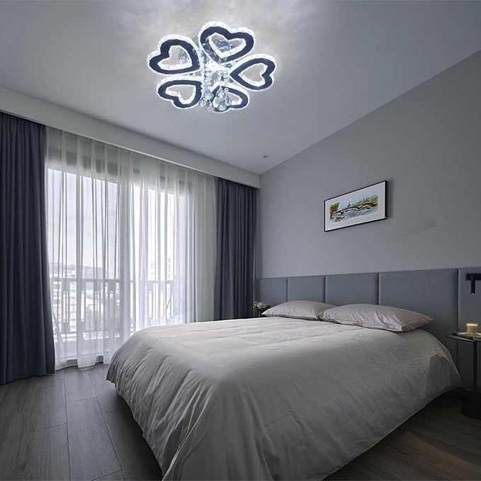5 Heart Ring Crystal Ceiling Light, Modern LED Flush Mount Chandelier with K9 Crystals Cool White Stainless Steel Light Fixture for Living Room, Bedroom, Dining Room