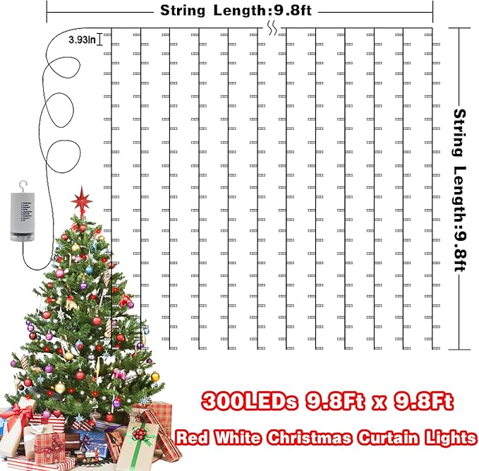 Red White Battery Curtain Lights 300LEDs Christmas Curtain Lights 9.8(L) x9.8ft(H) Christmas Lights Candy Cane Curtain Light with Remote Control 8 Modes Timer Built in for Holiday Decoration