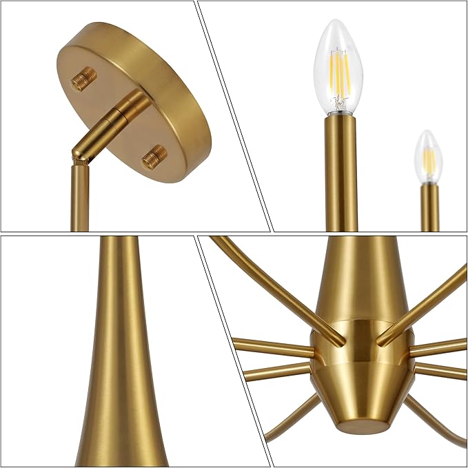 ACNKTZ Gold Chandeliers for Dining Room, 8-Light Modern Farmhouse Metal Chandelier, Brushed Brass Vintage Candle Lighting Hanging Ceiling for Kitchen Island Living Room Foyer Bedroom
