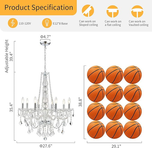 WUZUPS 8-Light Crystal Candle Chandelier Pendant Ceiling Light Modern Lighting Fixture for Bedroom Hallway Bar Kitchen Bathroom, H 35.4" W 27.6", E12 Base, Chrome