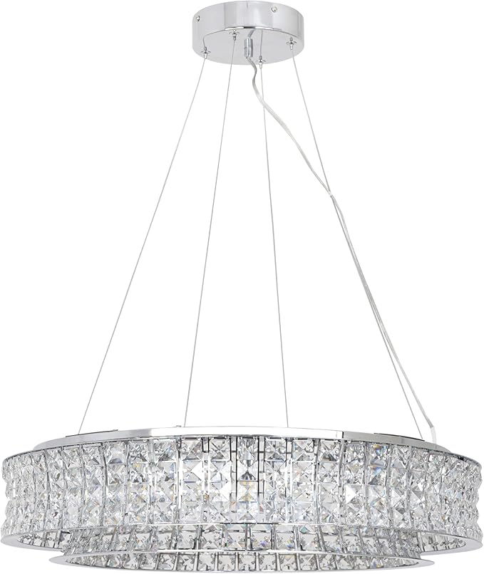 Modern Crystal Chandelier Round 12-Light Contemporary Hanging Ceiling Light Fixture Chrome Finish with Clear Rectangular Crystals Dining Room Living Room Bedroom Entryway Lighting Easy Install 24''