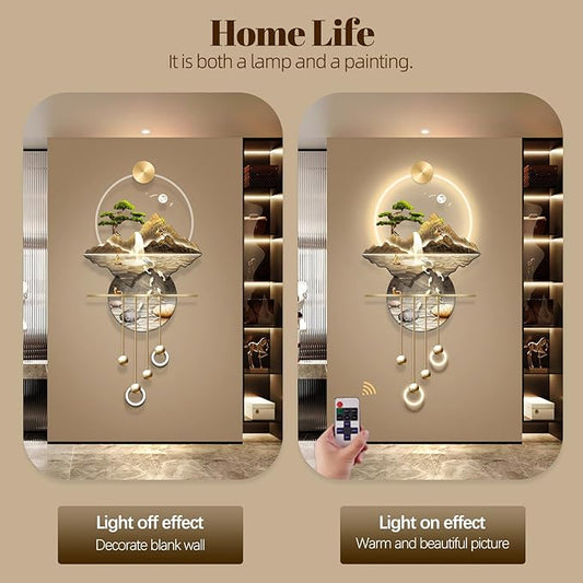LED Light Art Wall Decor, Decor Wall Sculptures Art 3D for Home, Arts Decorations Walls Sculpture with Light, Plug-in Power Supply, Gold E, 23x53IN
