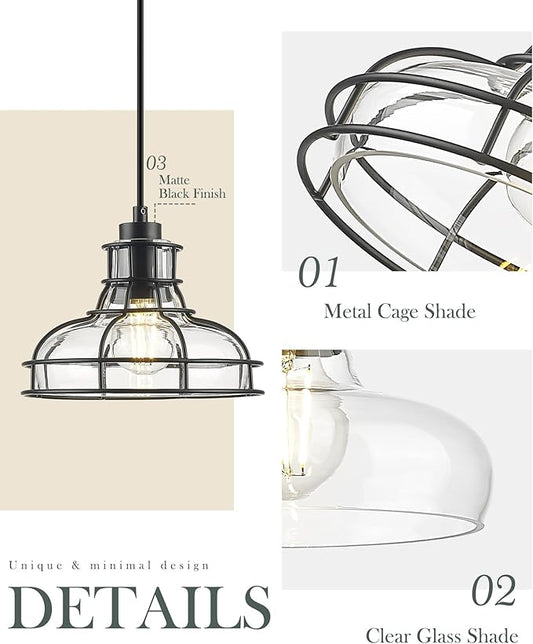 Industrial Pendant Lights Kitchen Island Black 8.7", Hanging Light Fixtures with Clear Glass and Metal Cage, Farmhouse Kitchen Pendant Light for Dining Room, Bedroom, Living Room