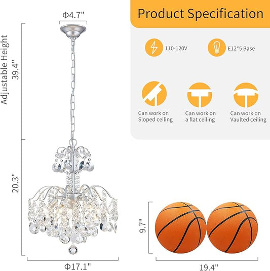 WUZUPS 5-Light Crystal Chandelier Pendant Ceiling Light Modern Lighting Fixture for Bedroom Hallway Bar Kitchen Bathroom, H 20.3" W17.1, E12 Base, Silver