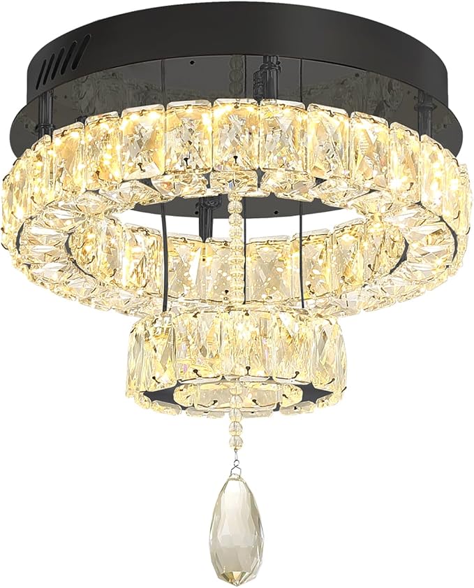 Flashing God Dia 12" Mini Chandelier Modern Crystal Chandeliers for Hallway Black Flush Mount Ceiling Light Modern Chandeliers Lighting for Bedroom Staircase Kitchen
